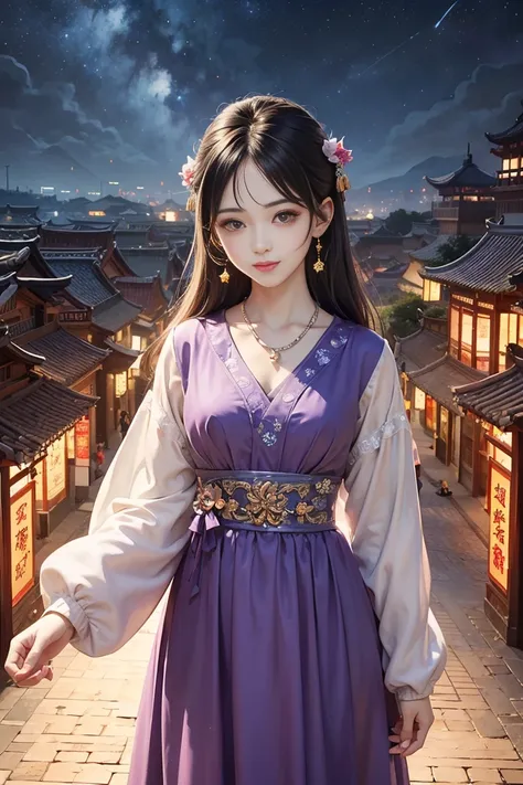 top quality、  masterpiece、  HD 、   young beautiful woman、perfect face 、Brown-black long hair  、  perfect style 、I'm wearing a light purple dress、 earrings、 necklace、 Long, narrow eyes、 look at me and smile、 night sky、 starry sky 、Shining Star、(Chinese peri...