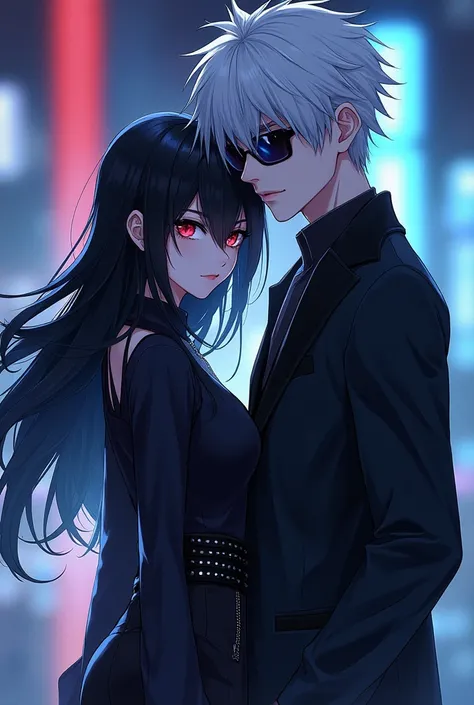 Create a female character with black clothes being slightly short, black hair and red eyes, and your boyfriend, a tall man with white hair and blue eyes with anime-style sunglasses. 