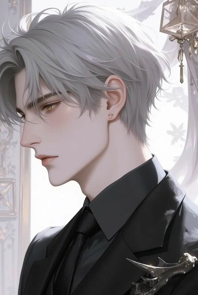 Shirogane short hair，Golden Eyes， male， Elegant ，  eyebrows hidden under the hair,  character profile, simple background on infecti,  Masterpiece, anatomically correct, top quality,  high detail, very detailed, anatomically correct, 