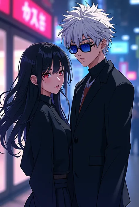 Create a female character with black clothes being slightly short, black hair and red eyes, and your boyfriend, a tall man with white hair and blue eyes with anime-style sunglasses. 