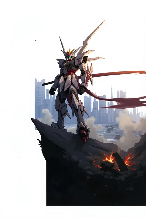 A dramatic yaoi-style illustration featuring a powerful, battle-worn Gundam Barbatos standing amidst a war-torn city. The background is engulfed in chaos, with towering skyscrapers crumbling, fire raging, and thick dust filling the air. The mech holds a ma...