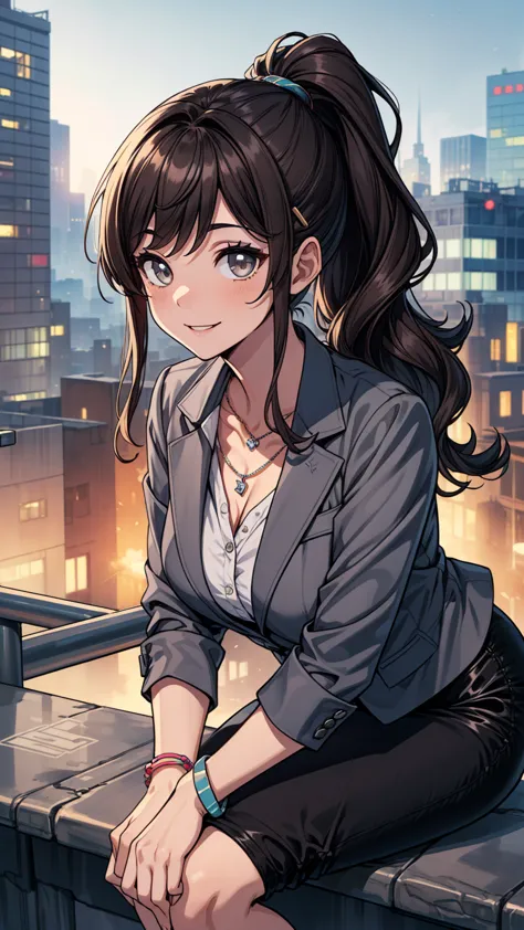 ((masterpiece, best quality:1.3, high detail)), beautiful business woman, smile, long wavy hair, (dark brown ponytail hair), hairpin, bright eyes, (gray blazer), (black pencil ((skirt)), (long skirt:1.1), necklace, bracelets, collarbone, heels, (lower body...