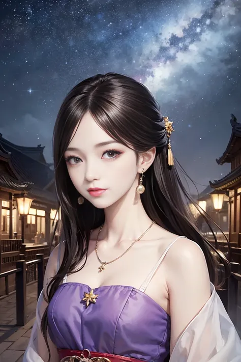 top quality、  masterpiece、  HD 、   young beautiful woman、perfect face 、Brown-black long hair  、  perfect style 、I'm wearing a light purple dress、 earrings、 necklace、 Long, narrow eyes、 look at me and smile、 night sky、 starry sky 、Shining Star、(Chinese peri...