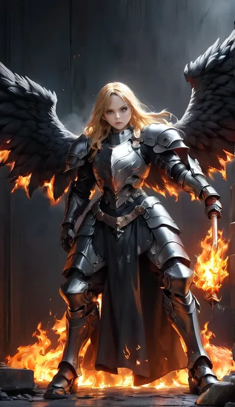 Way of Twisted Bones, ( Whole body) dark walls, Black smoke and fire, ( high flames )
( masterpiece) (Realistic 2.3)
angel girl,  High quality,  black angel wings , green eyes, steel armor,  blond hair, sword in one hand, Throw in the other.