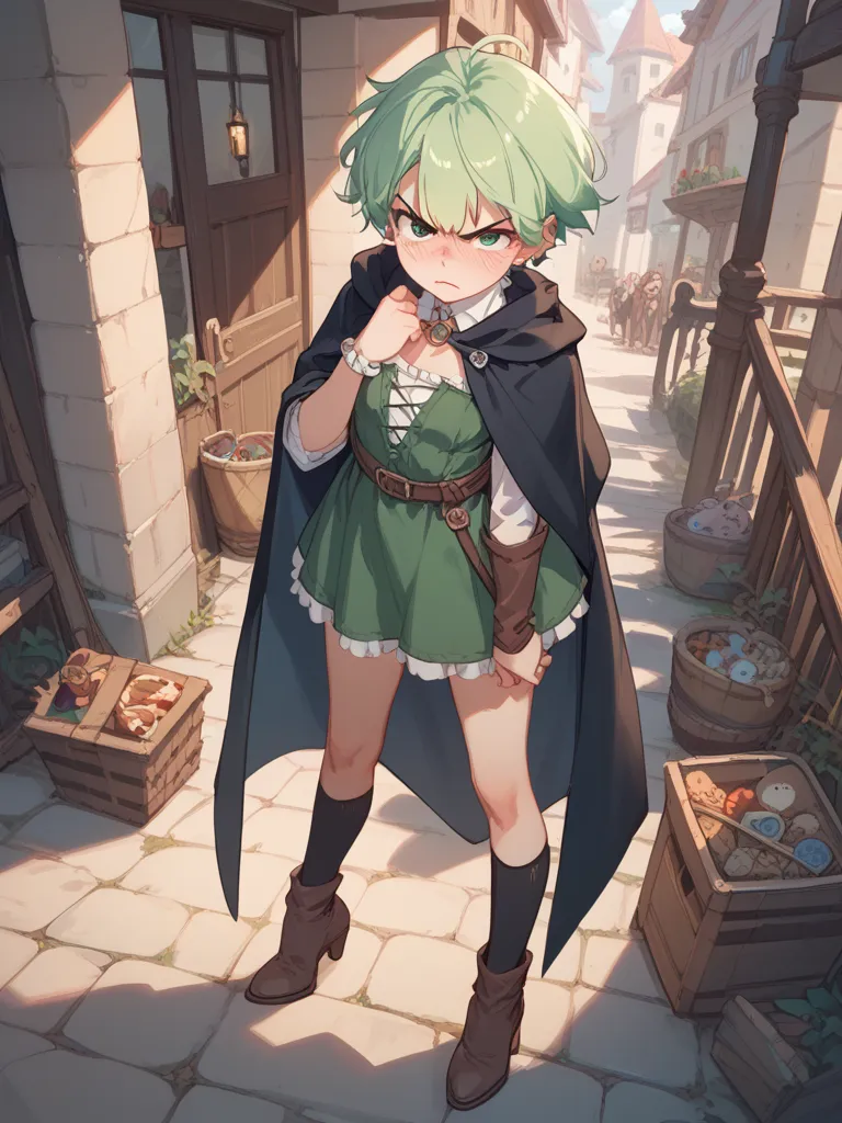 Very angry   , a girl, Alone, blush,  short hair,  green hair,  frowns , angry,  Dressed as a Witch , full body.