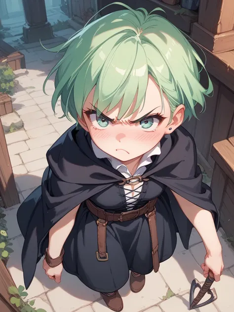 Very angry   , a girl, Alone, blush,  short hair,  green hair,  frowns , angry,  Dressed as a Witch , full body.