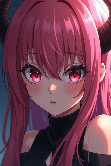 close-up of a person with pink hair and horns, character portrait inspired by Enjin, Pixiv,  what is it ？, dark demon, Devil Anime Girl,  succubus, beautiful  succubus, Anime Monster Girl , Gisha the Devil,  devil girl,  is being pressed against a man  , C...