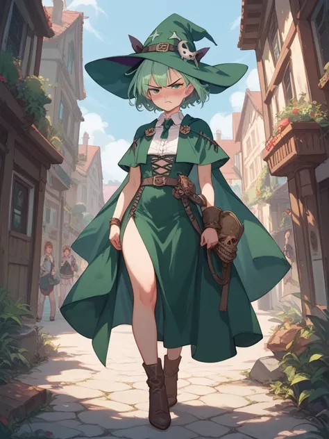 Very angry   , a girl, Alone, blush,  short hair,  green hair,  frowns , angry, dressed as a sexy witch , full body.