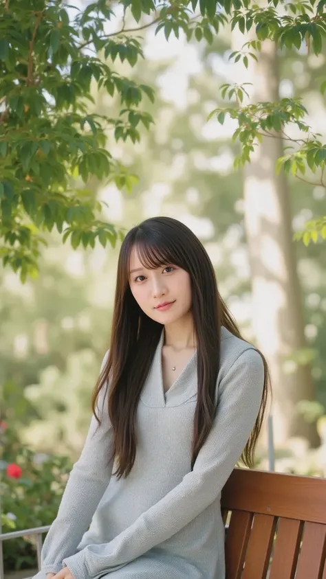 "A charming Japanese woman sitting on a wooden bench in a peaceful Japanese park surrounded by greenery. She is wearing a cool-toned one-piece dress, exuding elegance and softness. The woman is smiling warmly as she looks directly at the camera. The atmosp...