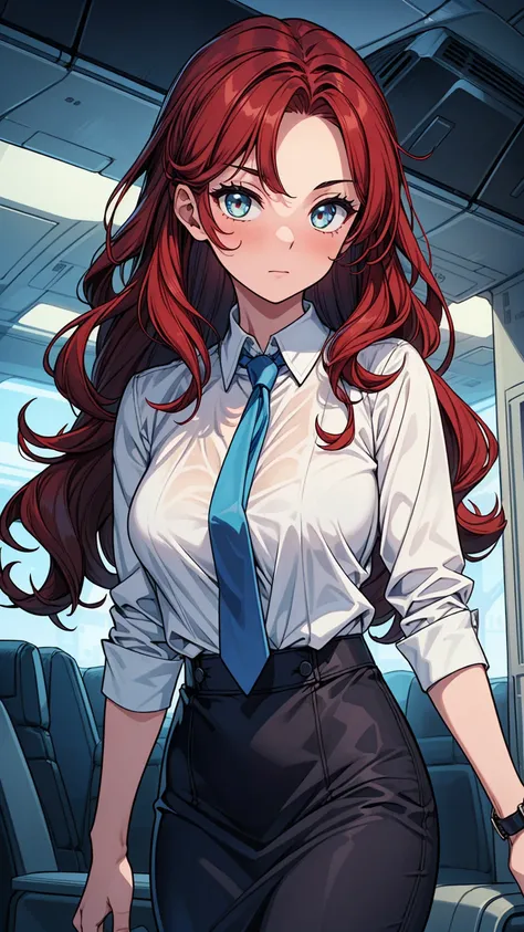 ((masterpiece, best quality:1.3, high detail)), ((1girl)), (((beautiful woman))), (flight attendant), bright eyes, (long wavy hair), (dark red hair), hairpin, (white collar shirt, blue tie), (blue pencil (skirt)), medium skirt, slim body, (lower body), fac...