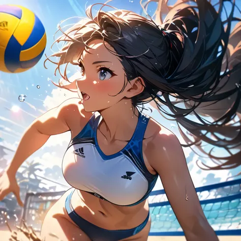 A beautiful girl playing beach volleyball on a sunny beach, a woman spiking the ball in a sports bikini, detailed face and body, intricate volleyball court, clear blue sky background, dynamic action pose, masterpiece, high quality, complex details, stunnin...