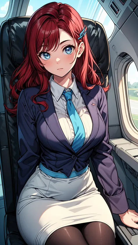 ((masterpiece, best quality:1.3, high detail)), ((1girl)), (((beautiful woman))), (flight attendant), bright eyes, (long wavy hair), (dark red hair), hairpin, (white collar shirt, blue tie), (blue pencil (skirt)), medium skirt, slim body, (lower body), fac...