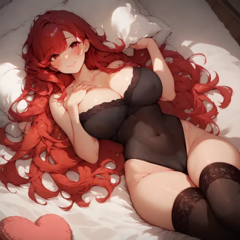 ❤️❤️❤️, pillow, 1girl, breasts, bed, on bed, lying, on back, thighhighs, large breasts, long hair, looking at viewer, red eyes, bed sheet, smile, cleavage, covered navel, blush, solo, bangs, futon, heart pillow, red hair, bare shoulders, head on pillow, bl...