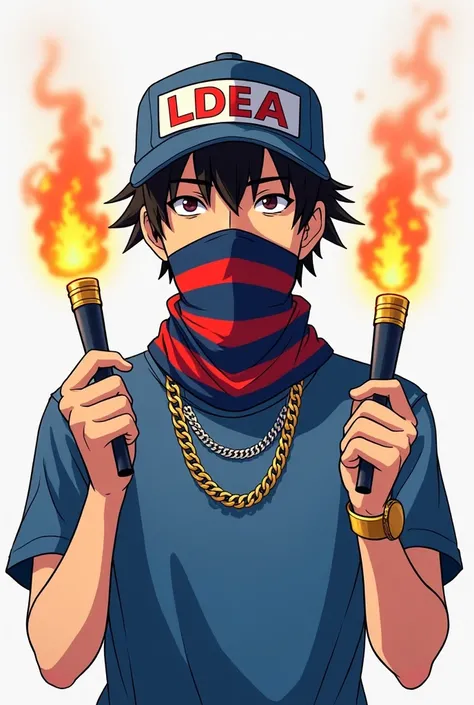 Create an anime-style drawing of a man that has the following characteristics:
1:that the man has a blue hat and that it has the phrase LDEA in capital letters with red letters and a white border.
2:That the man has a blue t-shirt.
3:that the man is holdin...