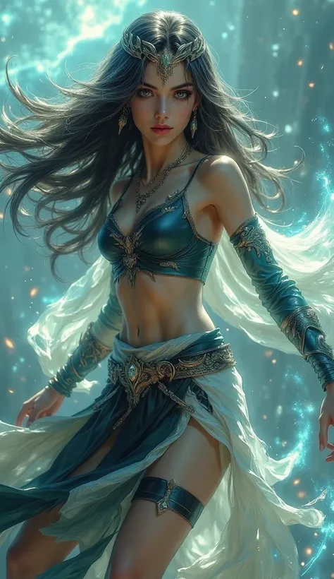 (masterpiece, high quality, amazing detail), realistic,
1girl, solo, action shot, dynamic angle, serious, no pupils, wind,
ss-yp$-illu,   src, long hair, tiara, necklace, crop top,  bracer, midriff, belt, skirt, thigh strap, magic,