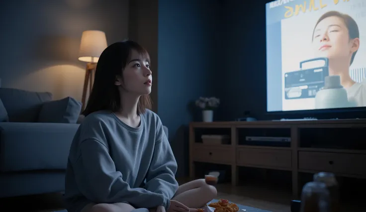 A 20-year-old Japanese woman with straight brown hair and bangs, wearing a comfortable sweatshirt and soft fabric shorts, is sitting on the floor at home, watching a movie on a large TV screen. The dimly lit room is illuminated by the soft glow of the scre...
