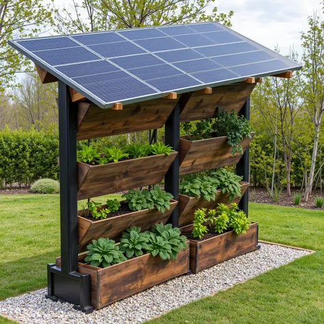 Solar Panels Vertical garden with a height of 180 cm, 120 cm wide and 80 cm deep with two rows of planters 30 cm high with two more planters superimposed on the vertical axis arranged in a zig zag with a separation of 80 cm between the planters on the vert...