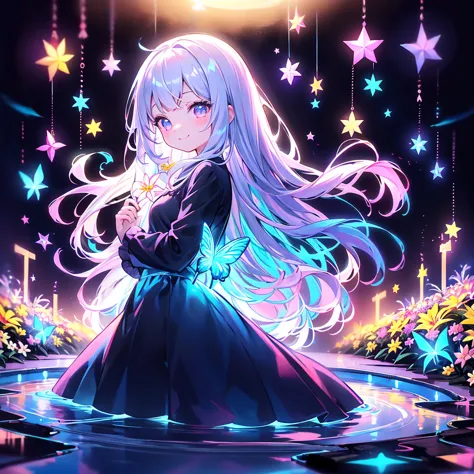 best details、top quality、Greatest Masterpiece、 super detailed、 High precision、 masterpiece、smile、 anime girl with long white hair,Dark seven-color hair、可愛い anime girl with long white hair、smile、((Plumeria))、many chrysanthemum、 fractal art、Gwaiz、 pool、garde...