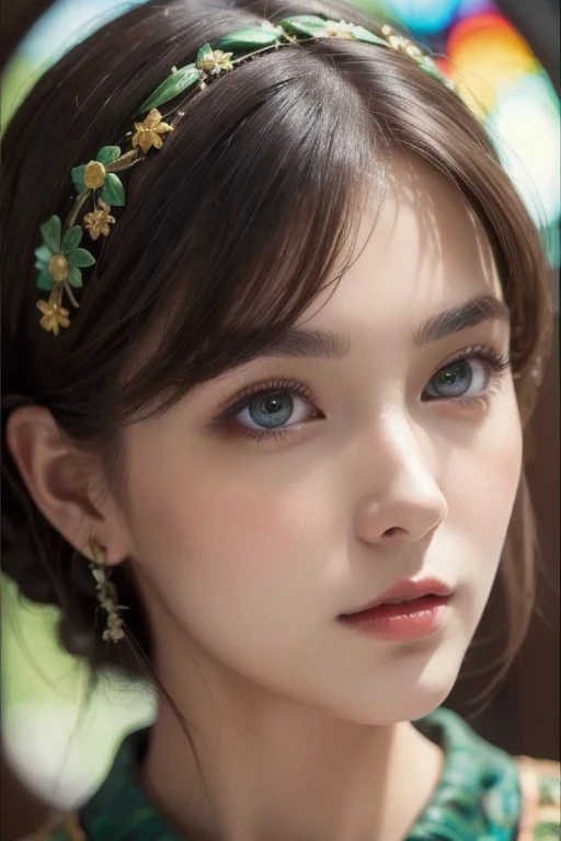 1 person, GREEN TOP , dark brown hair , stained glass painted by Van Gogh, brightly colored , masterpiece, top quality , detail eyes, detailed lips , Detailed clothing, ( dark eyes: 1.2), very realistic face ,