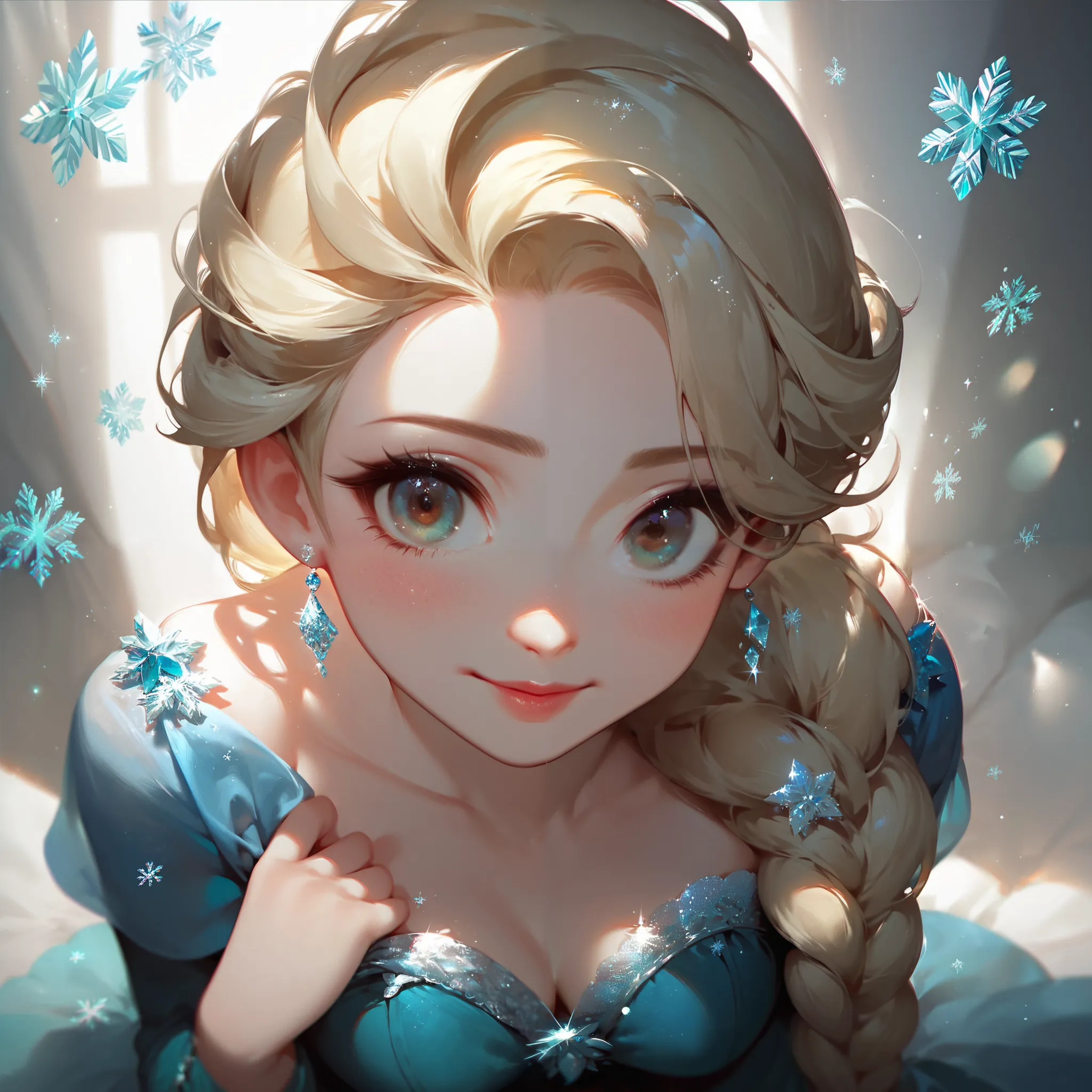 A digital illustration shoot from a portrait camera angle about a stylized portrait of a young woman with long blonde hair styled in a braid, wearing a sparkling blue dress. the image also shows a softly lit room with blurred lights and snowflakes in the b...