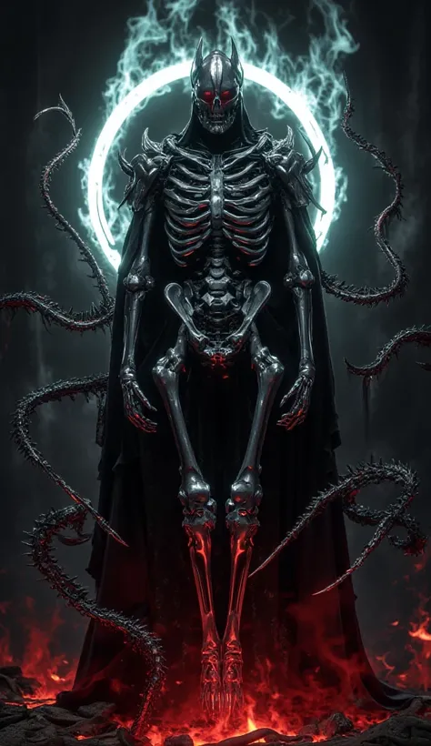 Skeletal Knight shrouded in a Spectral Domain ( Whole body) Fire of the Underworld, shrouded in spirits and ghosts, Shadows and Twisted Bones. Integrate contrasts of ghostly cyan and deep crimson to evoke a macabre hellish kingdom 