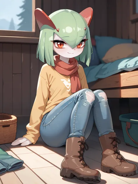 detailed background, shiny skin, sitting on floor, sit in the floor,
drunkoak, kirlia, cabin, cabin interior, scarf, old clothes, old boots, damaged jacket, dark circles, tired eyes, smile, tired smile, lifting shirt, yellow shirt, lift shirt, jeans, old j...