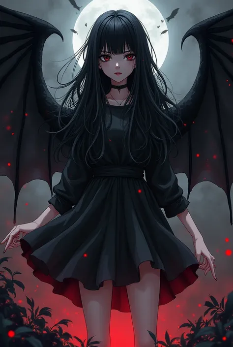 A girl animates The 7 Deadly Sins anime long black hair with fringes  , dark black eyes with a black slit on the left eye, with demon wings ,  barefoot  