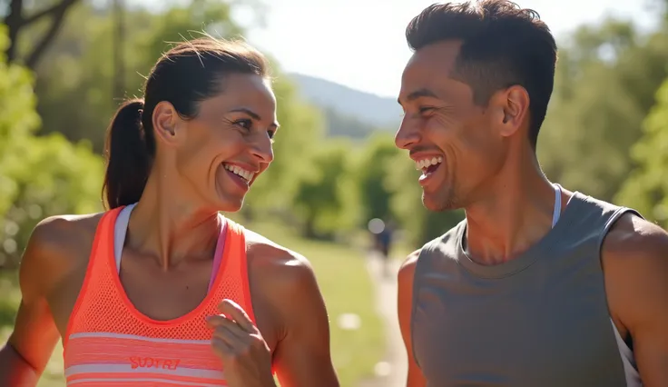 a Western female and a Western male figure smiling widely while doing sport. looking at each other. they are looking so happy and healthy.