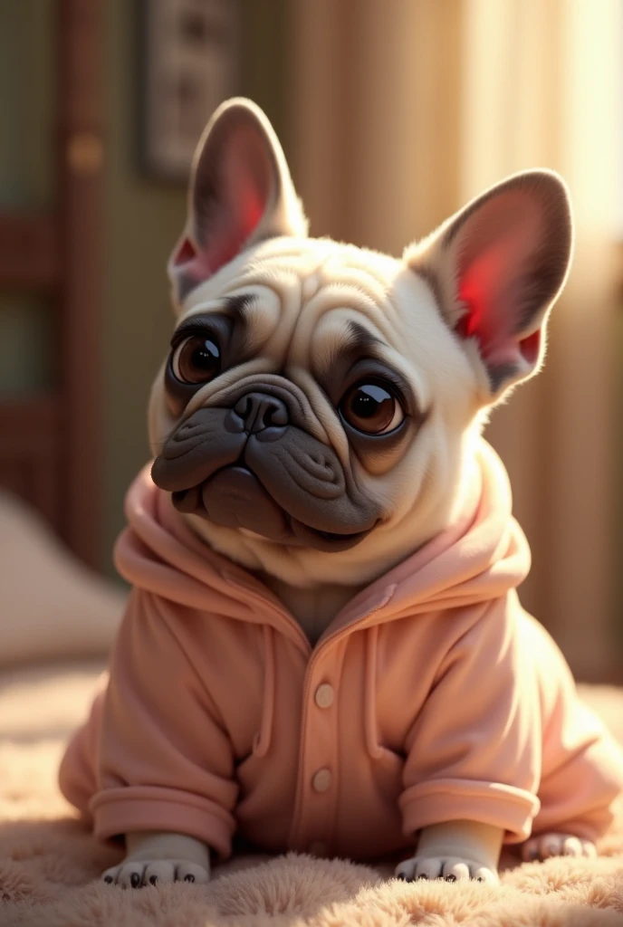 Chubby female French bulldog with pajamas and the name Luísa 