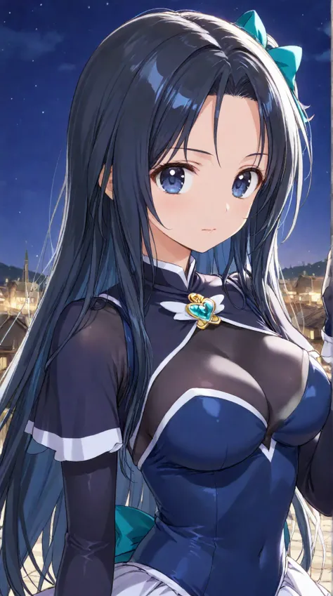 Breasts,   long hair,   (black hair) , bangs, （1girl1.5）, blue hair ribbon、（ 1.5）solo、night、Town、magical girl,