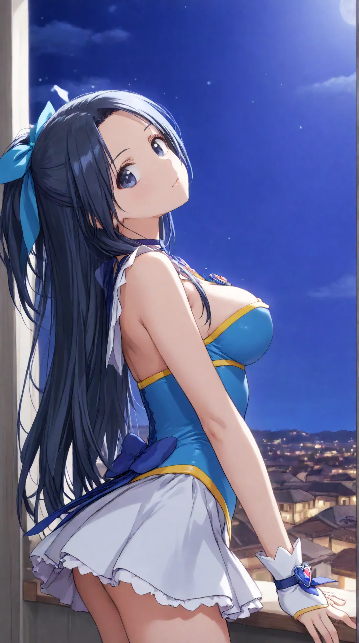 Breasts,   long hair,   (black hair) , bangs, （1girl1.5）, blue hair ribbon、（ 1.5）solo、night、Town、magical girl,