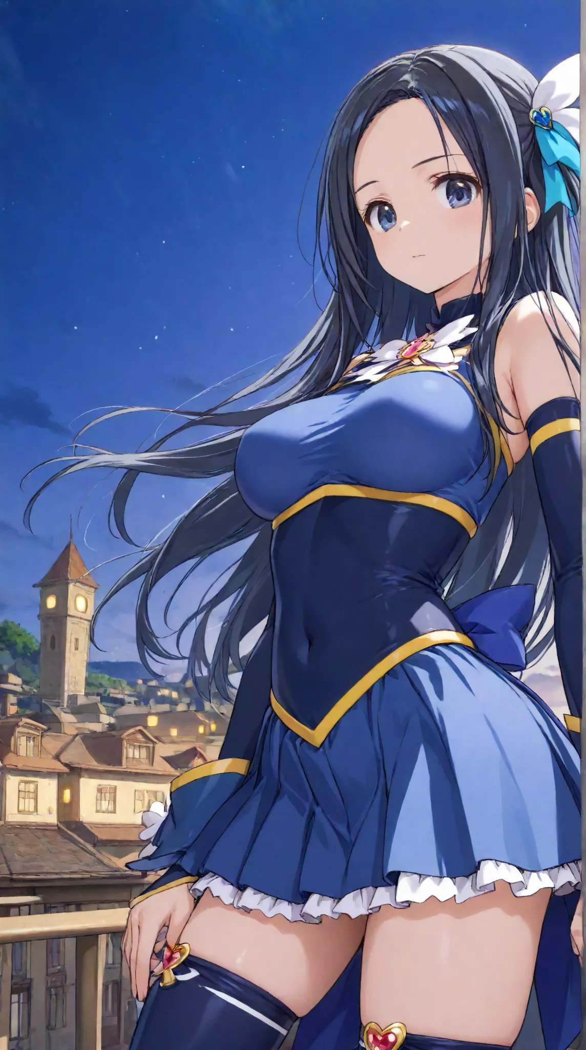 Breasts,   long hair,   (black hair) , bangs, （1girl1.5）, blue hair ribbon、（ 1.5）solo、night、Town、magical girl,