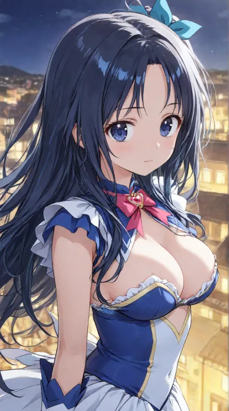 Breasts,   long hair,   (black hair) , bangs, （1girl1.5）, blue hair ribbon、（ 1.5）solo、night、Town、magical girl,