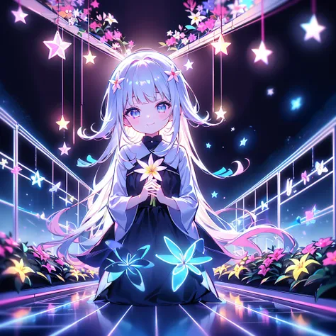 best details、top quality、Greatest Masterpiece、 super detailed、 High precision、 masterpiece、smile、 anime girl with long white hair,Dark seven-color hair、可愛い anime girl with long white hair、smile、((Plumeria))、many chrysanthemum、 fractal art、Gwaiz、 pool、garde...