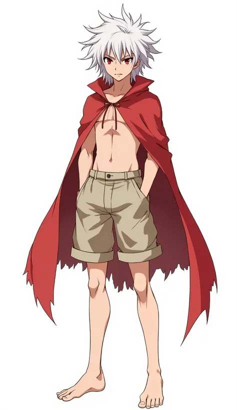 Japanese anime adolescent male with long, messy and white. He has a wild and disheveled style, with irregular tufts that fall on his face and extend in different directions and red eyes and he wears the lower torso and legs of a person dressed in beige or ...