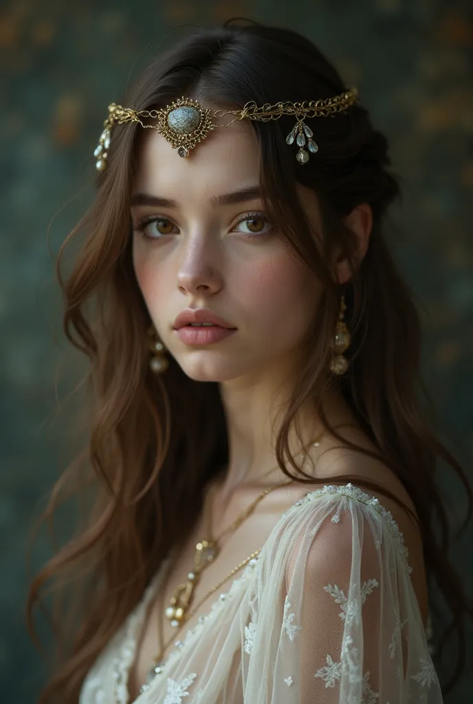 A slender, fragile girl 170 tall with a chest size of 2, with long brown hair and big dark brown eyes, dressed in the style of Venus in Scorpio, and with , Accessories, shoes in the same style