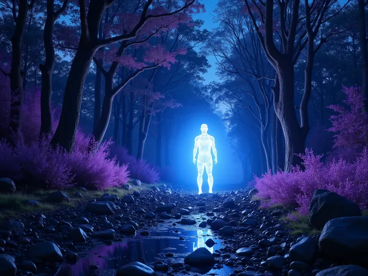 “A mysterious glowing man stands in the middle of an ethereal forest at night, radiating a bright blue-white light. The surrounding environment is bathed in surreal colors, with vibrant purple foliage and a deep blue sky filled with tiny, distant stars. Th...