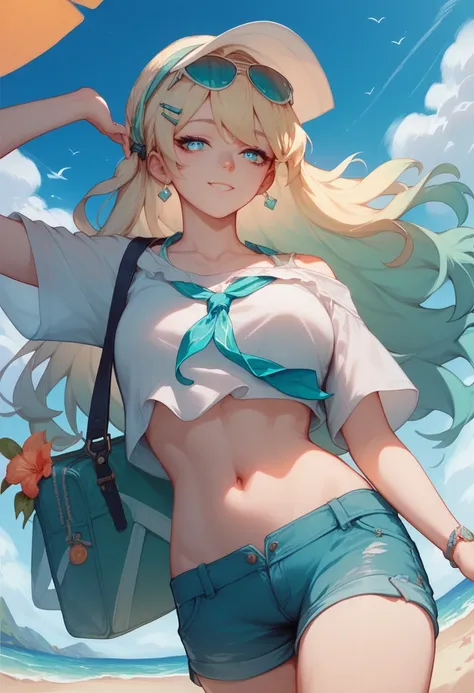 a woman with long whity blonde hair with cyan gradiant locks in down, cyan eyes, and a Green dragonfly hair clip, light smile, wearning a long White shirt and long shorts, is in a Beach at Sun day posing.