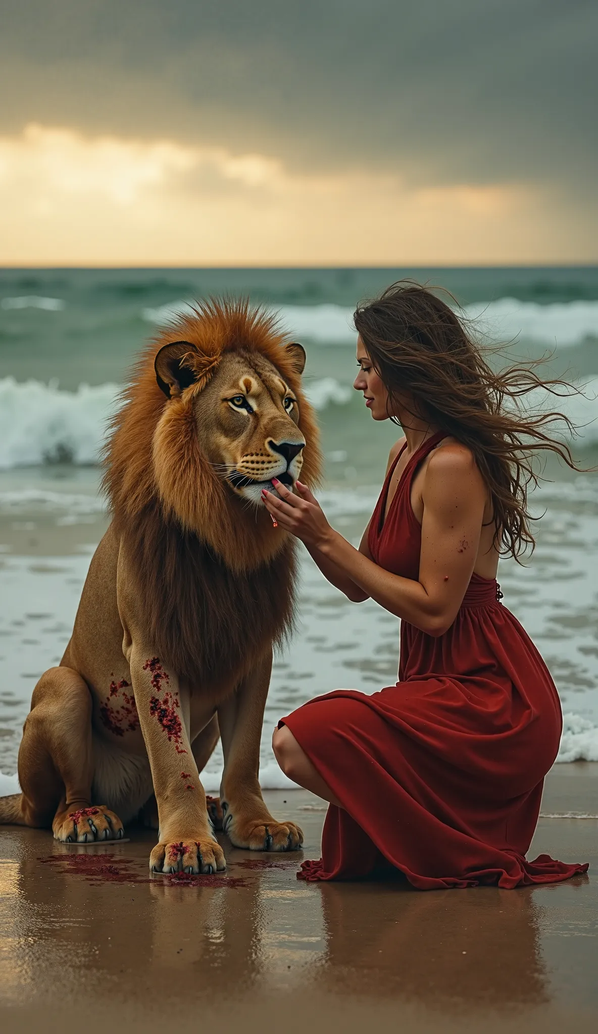 **"A young woman in a flowing red dress kneels beside a wounded lion on the shore, carefully applying medicine to its festering wounds. The lion's body is covered in deep gashes, with blood seeping from decayed areas, its golden mane tangled and unkempt. T...