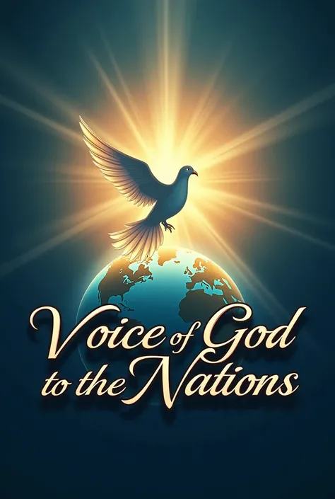 Imagine a logo where the text "Voice of God to the Nations" at the bottom in an elegant typeface. on, a dove flies over a globe, while sound waves emanate from the dove. The background can be a soft gradient from blue to gold. You can include the name of t...