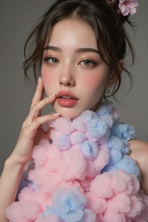 (:1.4)，(((Full body shot:1.5)))，original，emotion，dynamic，Distorted emotion effect，Energetic，Use unusual colors，Lovely photography，(Reality，Photo Realism:1.4)，Stylized image of a bunny made of pink and blue cotton candy，Fantastic，Delicate eyes，Delicate face...