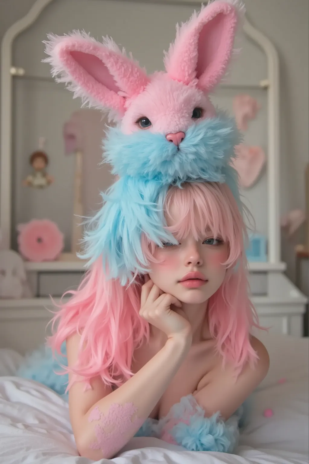 (:1.4)，(((Full body shot:1.5)))，original，emotion，dynamic，Distorted emotion effect，Energetic，Use unusual colors，Lovely photography，(Reality，Photo Realism:1.4)，Stylized image of a bunny made of pink and blue cotton candy，Fantastic，Delicate eyes，Delicate face...