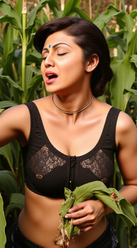 Top-down view,woman on her knees,looking into camera, surrounding inside corn field, black design cup bra,mouth wide open,red lips,eyelashes and eyeliner,blue lusty eyes,red bindi, mangalsutra,nosering, bridal makeup,wide open mouth,showing deep clevage, i...