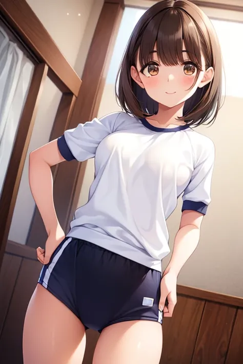 nsfw, place your hands on your hips no 、 shiny brown hair ,  short hair, (  beautiful brown eyes)、smile、Sparkling Eyes, (fine grain)、 super detailed eyes、 very detailed face,   Highly Detailed Eyes, cowboy shooting、 short sleeve cropped gym clothes、Bloomer...