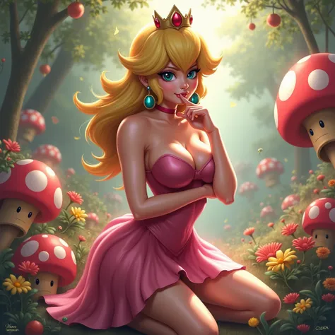 1girl, Princess Peach, floox, masterpiece, best quality, good quality, absurdres, newest, medium breasts, cleavage, mini skirt, seductive face, finger on chin, squatting, cameltoe, legs apart 