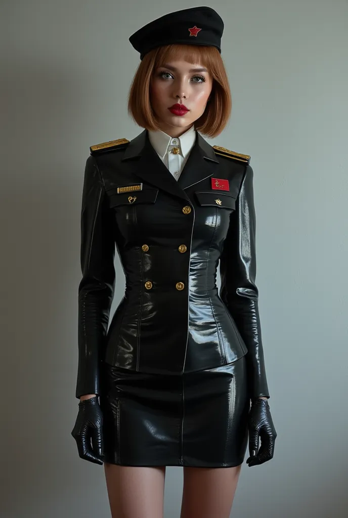 full body photo. The full height of a beautiful russian woman with a sexy figure. 38-40 years old. bob cut hairstyle. Russian office , plump lips,  blue eyes, sharply outlined red lipstick. wearing black Soviet officer cap with a red star. she wears a late...