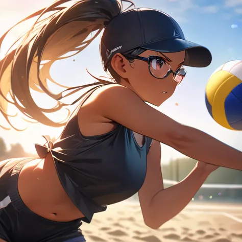 A woman playing beach volleyball on a sunny beach, wearing a tank top and shorts, with a ponytail, tracking a ball high in the air with a serious expression, detailed face and body, intricate volleyball court, clear blue sky background, dynamic action pose...