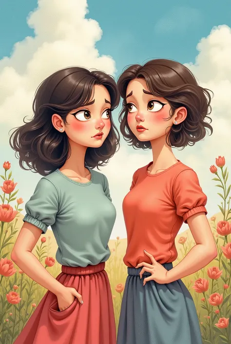 absurdres,  highres, ultra detailed, HDR, master 
, best quality, Two women are not satisfied, Watercolor painting, 2D picture , comic style, Cute Pastel 