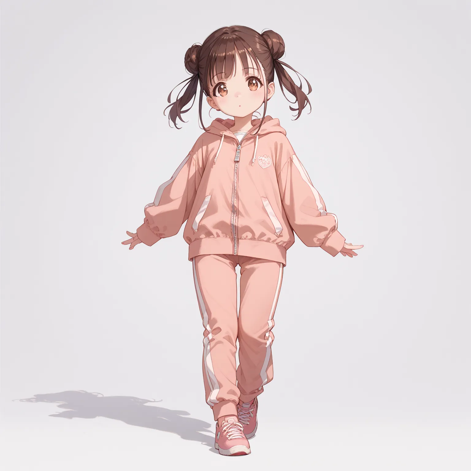 (shiny body=:1.0),(full body=:1.0),(1 girl,solo,sonoda chiyoko,double bun,twintails,brown eyes,brown hair=:1.0),(Velvet Tracksuit   =:1.0),(ultra detailed,best quality,absolutely resolution=:1.0)