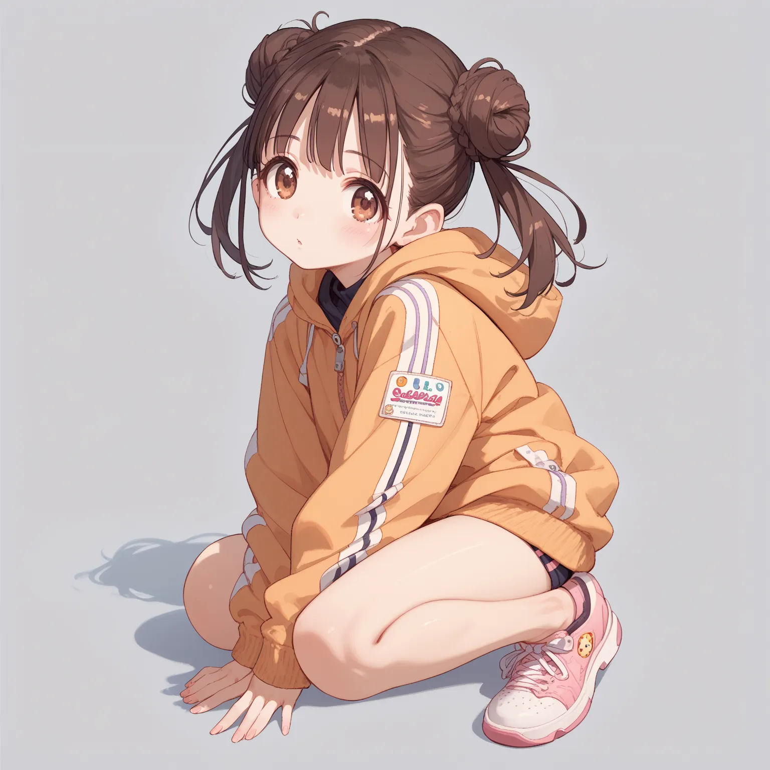 (shiny body=:1.0),(full body=:1.0),(1 girl,solo,sonoda chiyoko,double bun,twintails,brown eyes,brown hair=:1.0),(Velvet Tracksuit   =:1.0),(ultra detailed,best quality,absolutely resolution=:1.0)